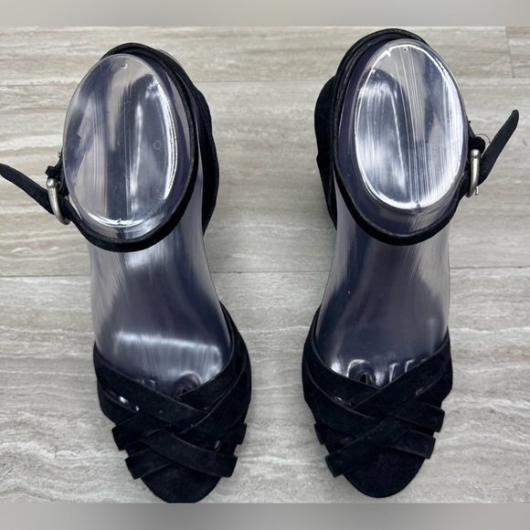 UGG Strappy Black Velvet Suede Wedge Heels Womens Size 7 - Picture 3 of 11